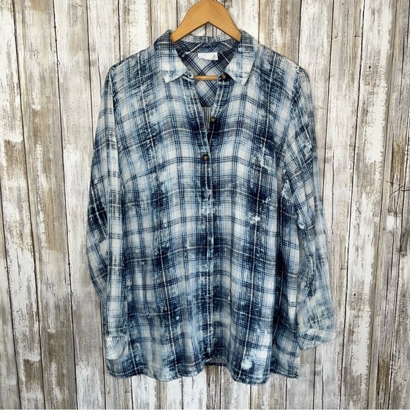J. Jill Tops - J. Jill Blue Dye Plaid Button Down Stone Wash Blue Women’s Medium